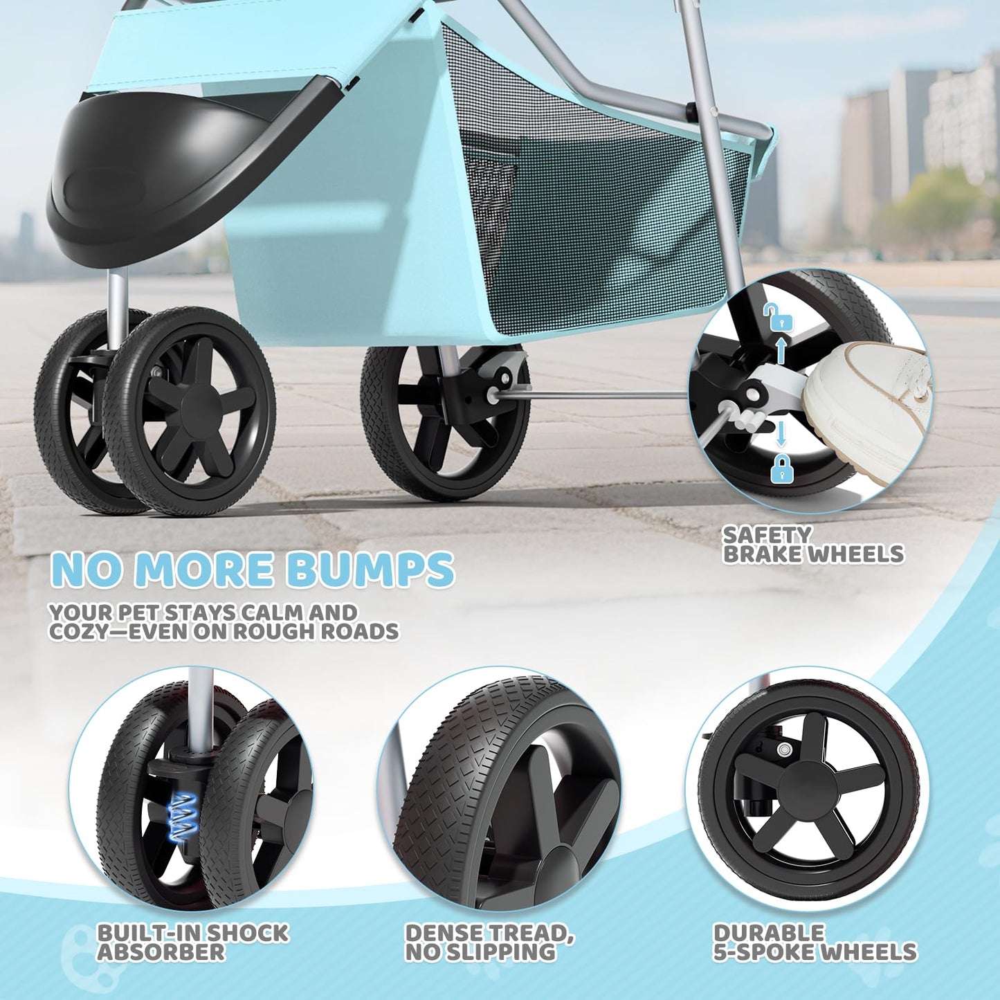 Magshion 3-Wheel Pet Stroller, Foldable Travel Jogger for Small & Medium Dogs & Cats (Up to 33lbs), Lightweight Carrier with Breathable Mesh Cover, Cup Holder & Storage Basket, Mint Green