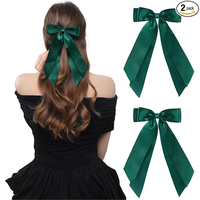 LuSeren 2 PCS Double Layer Hair Bows Green Hair Ribbon Clips Ponytail Holder Accessories for Women Girls Toddlers Teens Kids