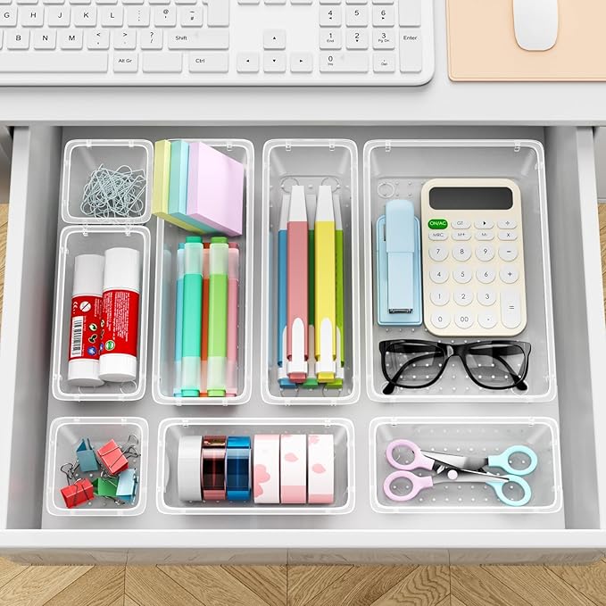 36 PCS Drawer Organizer Set, 4 Sizes Tool Storage Trays, Clear Plastic Makeup Vanity Organizer and Storage Bins for Makeup, Stationeries, Multiple Gadgets for Bathroom, Office, Bedroom