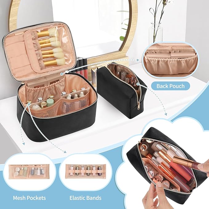OCHEAL Makeup Bag Set, Portable Travel Makeup Bags Cosmetic Organizer Bag for Women Cute Floral Cosmetic Pouch Large Capacity Make up Bag PU Leather Toiletry Bags with Divider and Handle-Black