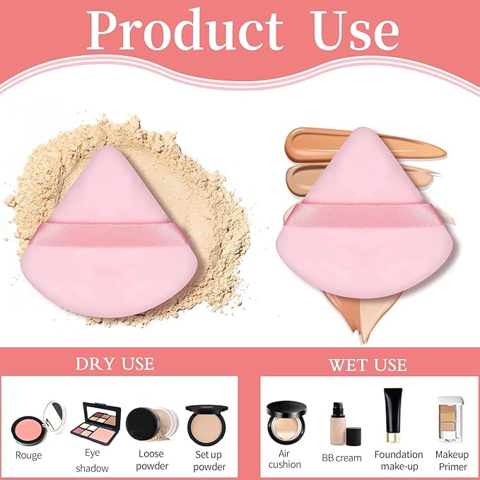 6 Pieces Powder Puff Face Soft Triangle Pink Gifts for Loose and Body Powder, Velour Makeup Sponge Set Setting Powder Puff Makeup Tools