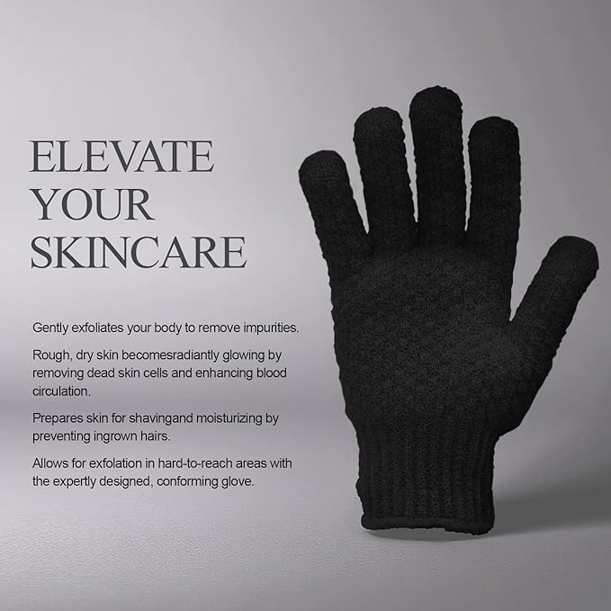 Evridwear Exfoliating Dual Texture Bath Gloves for Shower, Spa, Massage and Body Scrubs, Dead Skin Cell Remover, Gloves with Hanging Loop (1 Pair Black Heavy Glove)