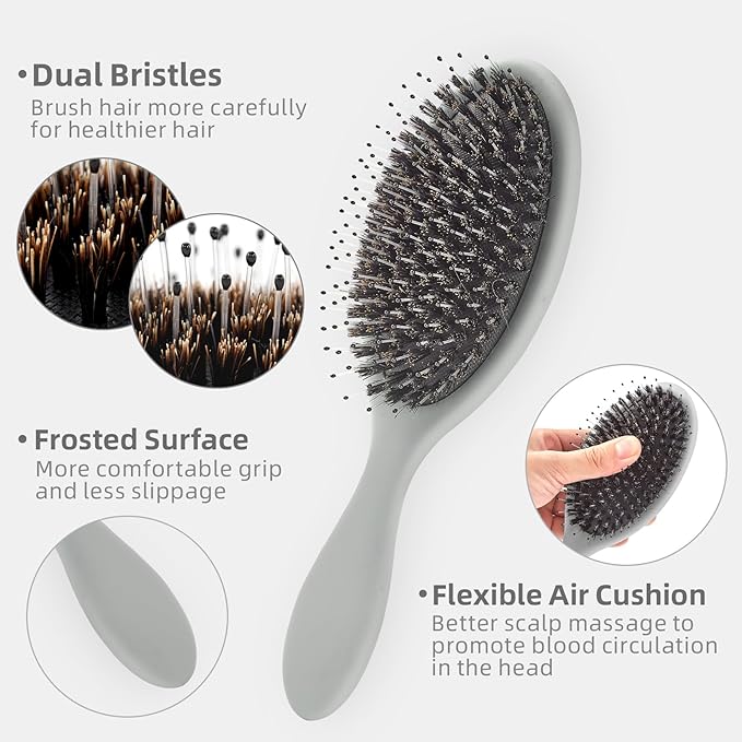 Boar Bristles Hair Brush for Women and Men, Detangling Hair Brush for Smoothing Massage Add Shine, Nylon&Boar Bristles Detangler brush for Hair Healthy (1 Pack-Grey)