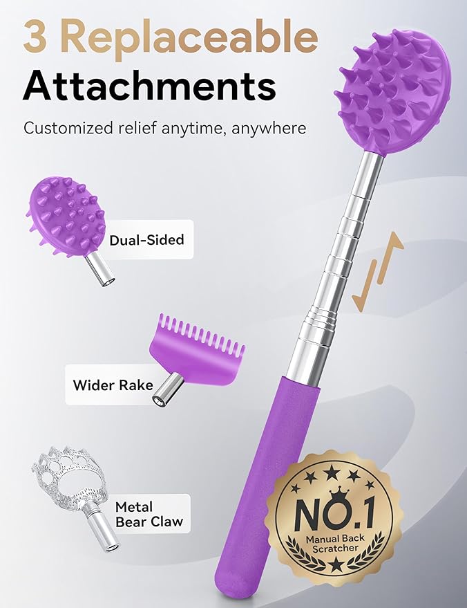 TUKUOS Telescoping Back Scratcher with 5 Detachable Scratching Heads, Valentines Day Gifts for Him Men, Anniversary Birthday Gifts for Men Women Back Scratcher for Men/Dad/Women/Adults - Purple