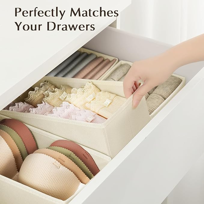 DIMJ Drawer Organizers Clothes, Set of 6 Dresser Organizer Bins, Fabric Closet Organizers and Storage, Shallow Drawer Dividers for Nursery, Clothing, Baby Clothes, Socks, Underwears, Tie (Beige)