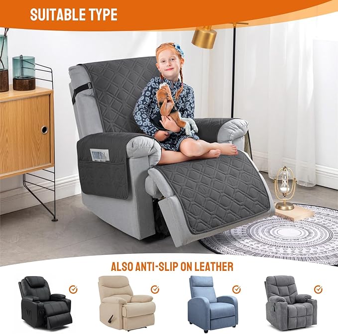 VANSOFY 100% Waterproof Recliner Chair Covers, Recliner Cover Non-Slip Dog Chair Cover Furniture Protector Washable Slipcover with Pocket, Elastic Straps for Pets, Dogs(Charcoal Gray, 22")