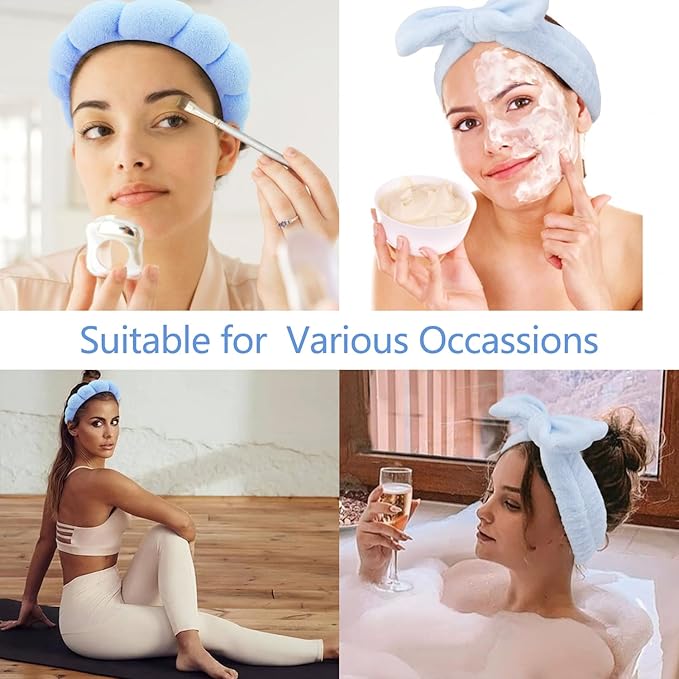 Chanaco Spa 4PCS Face Wash Hair Accessories in Blue - Makeup Headband, Skincare Headband with Bow Tie, Sponge Wrist Bands for Women and Girls