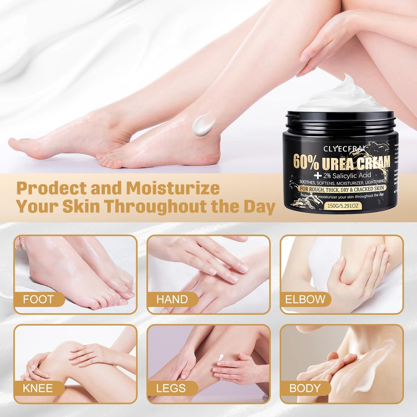 Clyecfra 60% Urea Cream with 2% Salicylic Acid, Urea Cream 60 Percent for Feet & Hands- Maximum Strength Moisturizer for Rough, Dry, Thick & Cracked Skin, Callus Remover, Deep Hydration, 150g