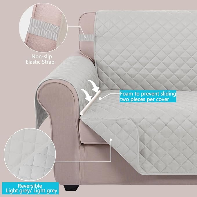 U-NICE HOME Loveseat Sofa Cover Reversible Couch Covers for 2 Cushion Couch for Dogs Furniture Protector Cover with Elastic Straps Water Resistant(Loveseat Small, Light Grey/Light Grey)
