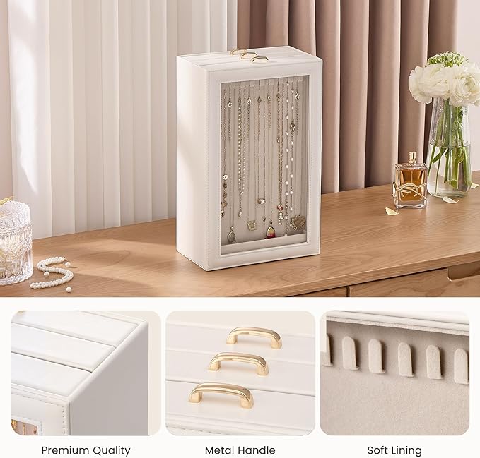 Lolalet Necklace Organizer Box, Jewelry Storage Box with Clear Window for Necklaces Bracelets, Tangle-Free Necklace Display Case for Women Girls -White, 3 Layers 30 Hooks