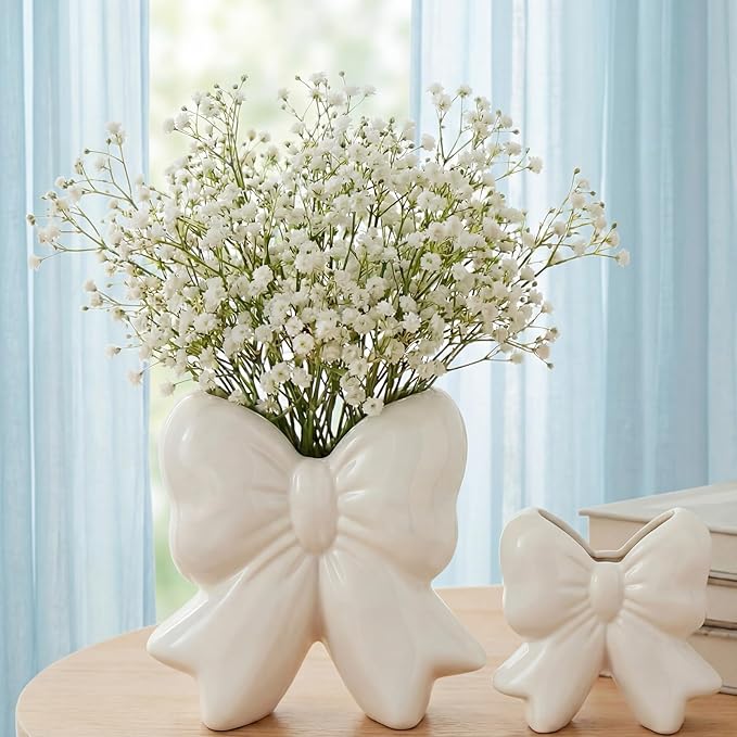 Jingmore Bow Vase Coquette Ceramic Vase Pen Holder Makeup Brush Holder Contemporary Design Decorative Women Gift for Christmas Home Office Shelf Table Room(White,Large,Classic)