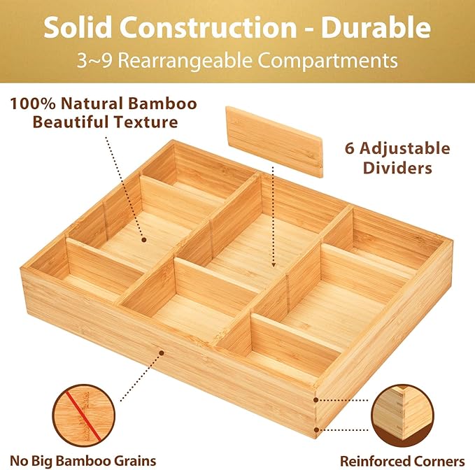 Umilife Bamboo Desk Drawer Organizer, Wood Junk Organizer Tray with Adjustable Dividers, Anti-Skip Storage Organization in Office Bathroom Drawer for Vanity, Makeup, 12" x 9"