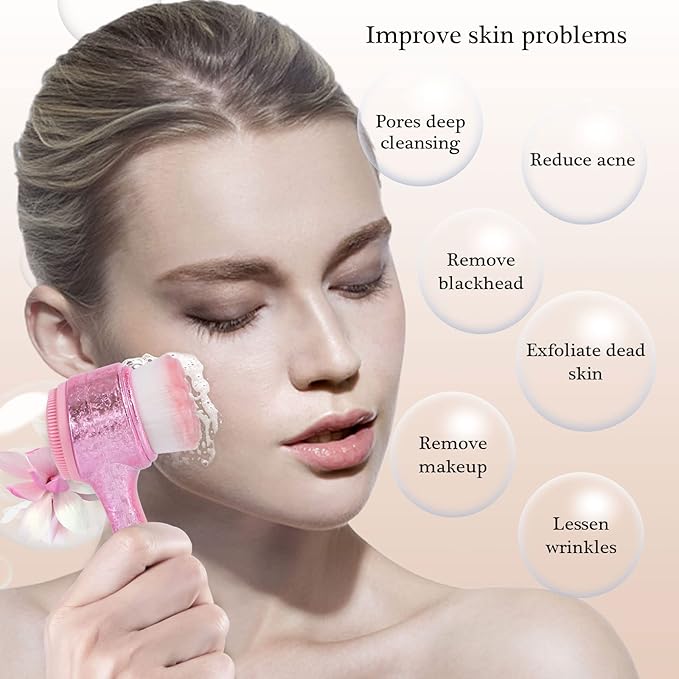 Face Brush 2 in 1, Facial Cleansing Exfoliating Brush with Ultra Fine Soft Bristles for Pore Deep Cleansing Silicone Double Side Face Wash Scrub Brush for Skin Care, Ice Flower Pink