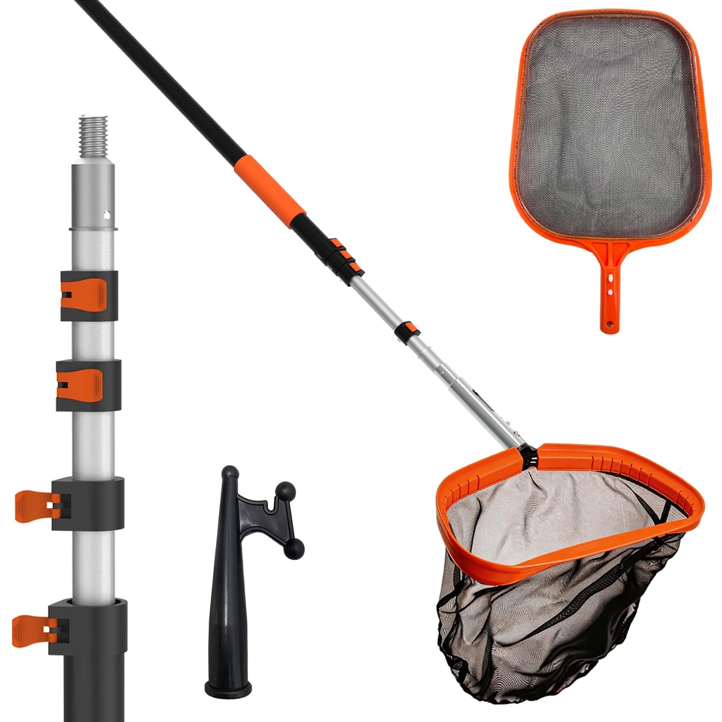 LAANPOLE 4-in-1 Pool Skimmer Net with Pole, Heavy Duty Pool Net and Fine Mesh Leaf Skimmer Net for Above Ground Pool, 16FT Telescopic Pool Pole with Professional Pool Net and Pool Hook for Cleaning