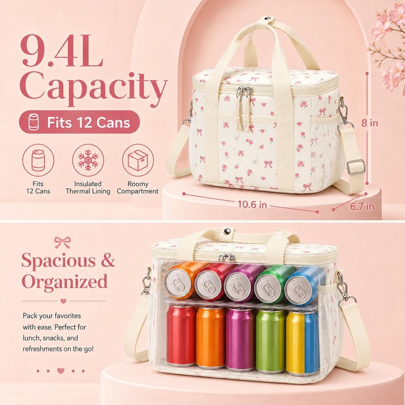 BTOOP Insulated Lunch Box for Women, Cute Leakproof Lunch Tote, Large Capacity Aesthetic Lunch Bag Girls with Shoulder Strap for Work, School, Picnic Pink Bow Floral