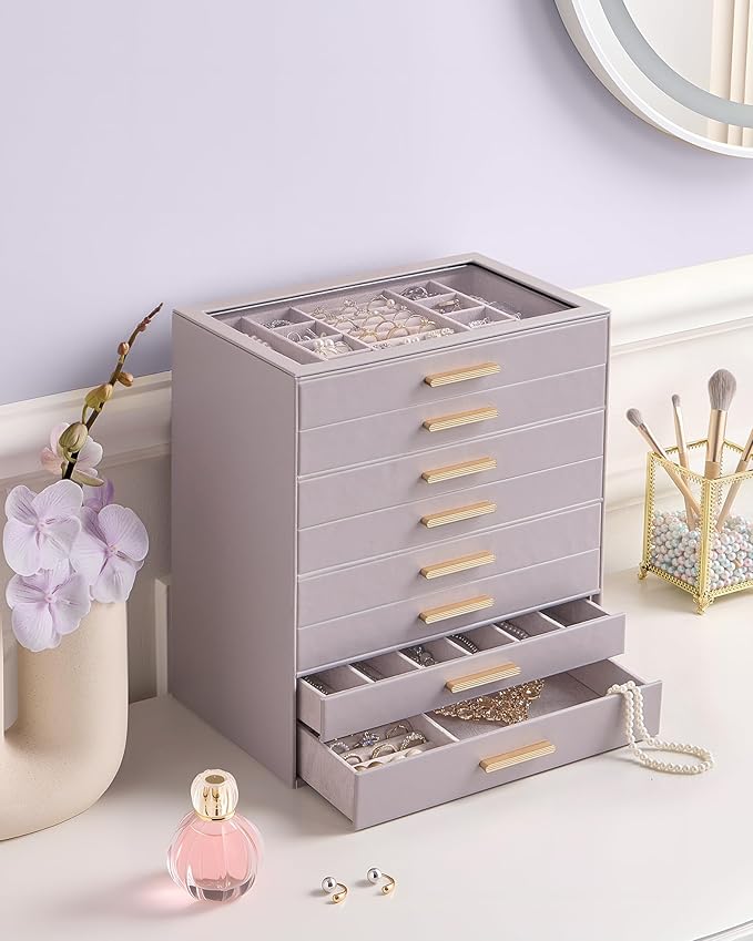 Lolalet Jewelry Box Organizer, 8-Layer Jewelry Organizers and Storage Case with Glass Lid, Ring Earring Bracelet Necklace Holder Organizer, Birthday Valentine Gifts for Women Girls -8Layer, HazePurple