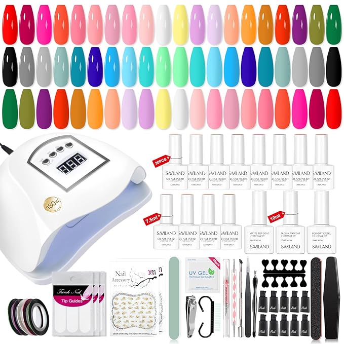 SAVILAND 76PCS Gel Nail Polish Kit with 180W(5X Faster) U V Light - Starter Kit 30 Colors Gel Polish Spring Summer Nude White Soak-Off U V LED Nail Gel with 180W LED Nail Lamp Starter Kit, Gel Glossy/Matte Gel for Home DIY Nail Salon, Gift for Women