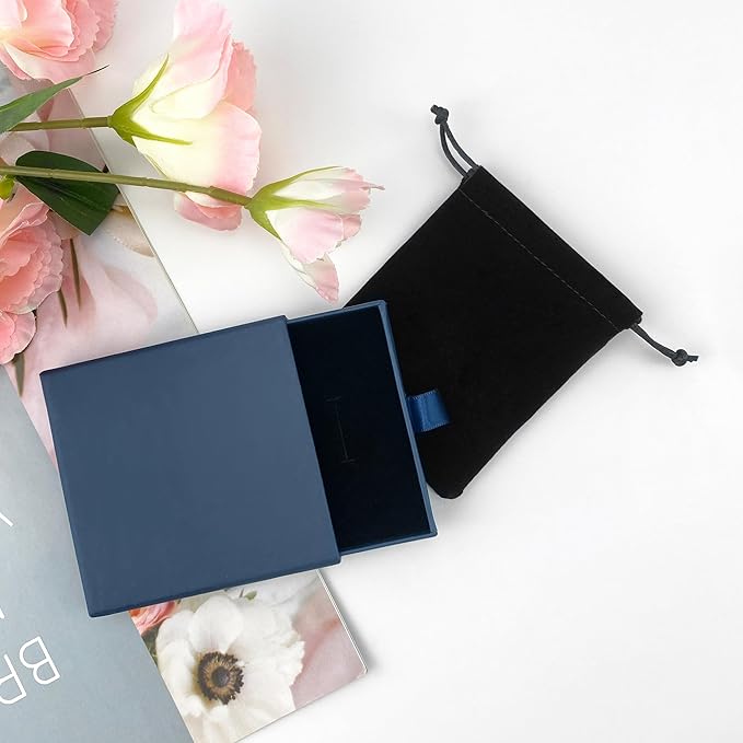 Small Jewelry Gift Box and Velvet Bag, Necklace Bracelet Earring Cardboard Organizer Square Jewellery Gift Box Pendent Storage Case for Birthday Xmas Christmas Wrapping (Blue)