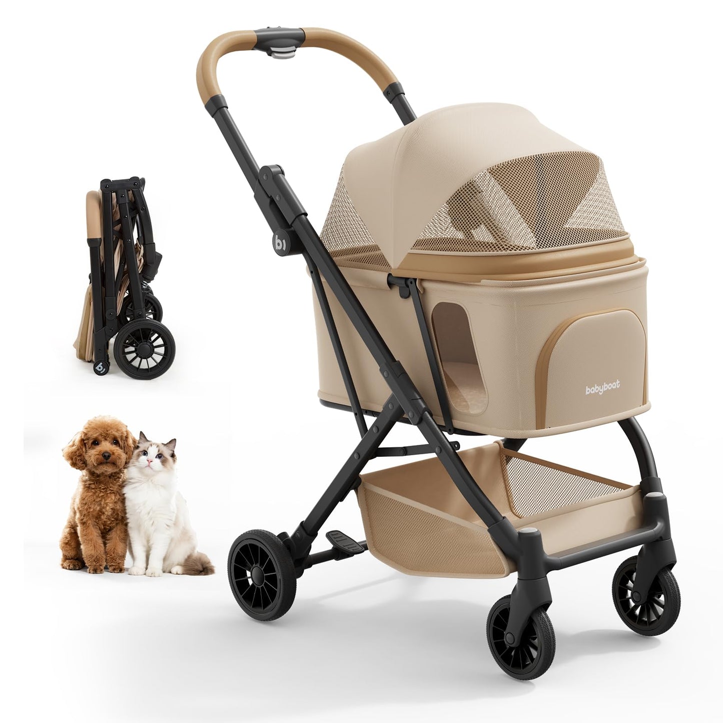 Foldable Dog Stroller Portable Compact Pet Stroller for Small Medium Dogs Cats Up to 35lbs One Click Folding Large Cat Carriage with Adjustable Canopy, Storage Basket - Khaki