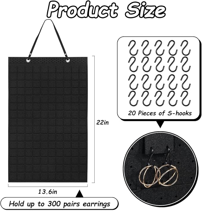 Caffox Hanging Earring Holder, Large Earring Organizer with 20Pcs Extra Hooks for Earrings, Necklaces, Bracelets, Jewelry and Sunglasses, Wall Earring Display for Home, Holds Up To 300 Pairs
