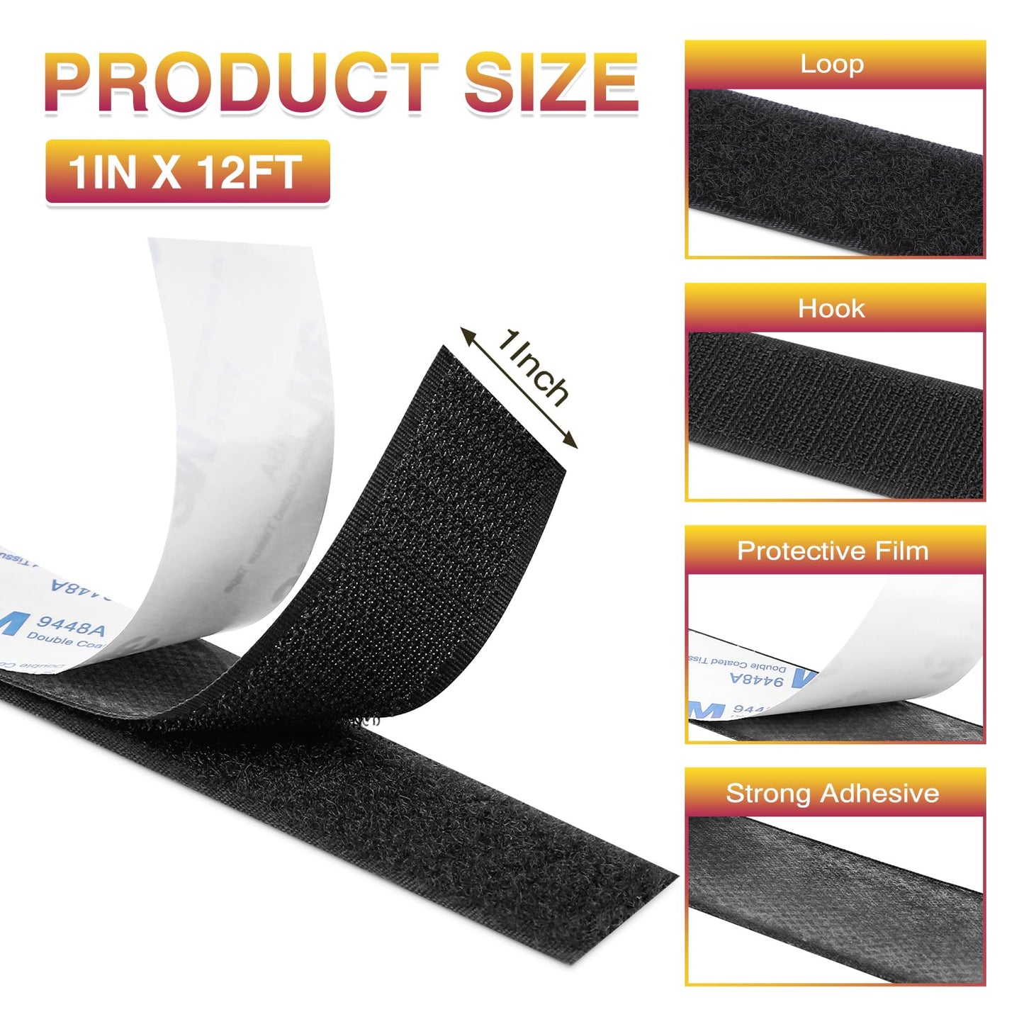 12Ft x 1 Inch Hook and Loop Tape, Heavy Duty Double-Sided Adhesive Strips, Strong Sticky Back Fastener, Cuttable Interlocking Tape Fasteners for Home, Office, Car, School & DIY Crafts (Black)