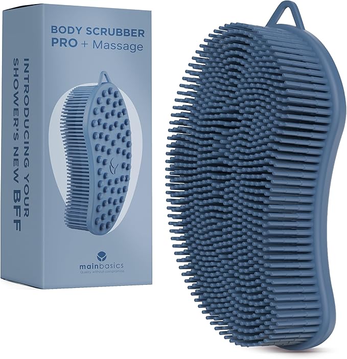 MainBasics Silicone Body Scrubber Dual-Sided Shower Loofah and Massaging Nodes (Dark Blue, Massage)