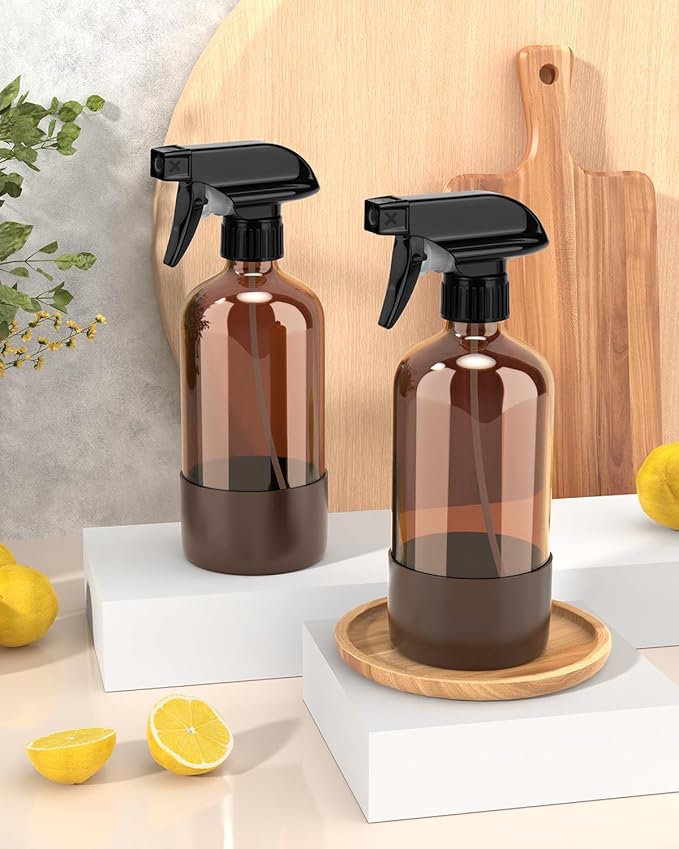 Bontip Glass Spray Bottle with Silicone Sleeve Protection, Amber Glass Spray Bottle Set for Window Cleaner Aromatherapy Facial Hydration Watering Flowers Hair Care 2 Pack/16 oz (Brown, 16 oz)