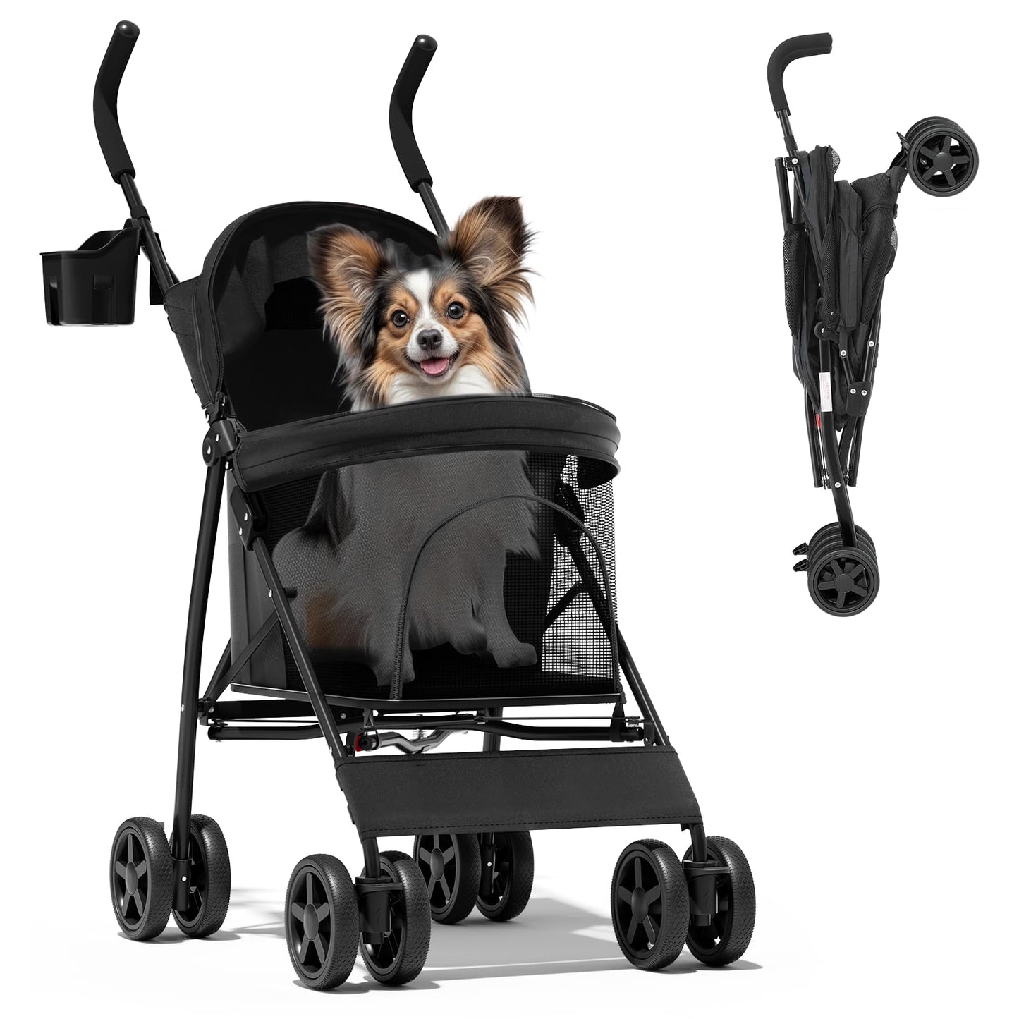 Magshion Compact Pet Stroller for Small-Medium Dogs/Cats up to 22lbs, 4-Wheel Lightweight Umbrella Shaped Portable Puppy Travel Jogger with Breathable Mesh, Cup Holder & Rear Storage, Leopard Print