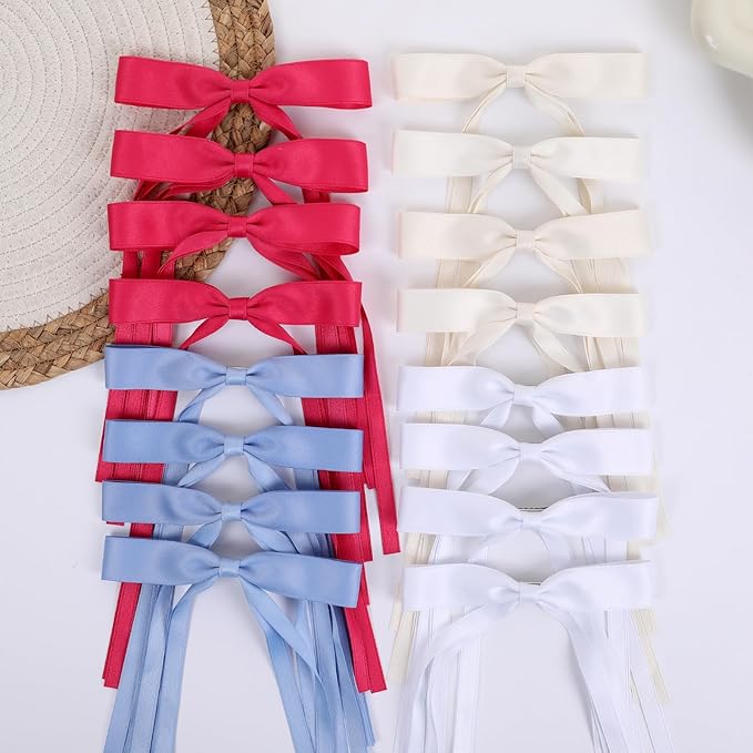 Hair Bows Clips Coquette Ribbon Bowknot with Long Tail Princess Hair Bows French Barrettes Hair Accessories for Women Girls 16PCS (Rose red, Cream,White, Blue)