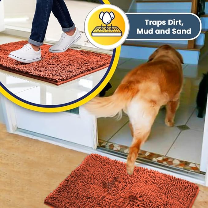 Muddy Mat® | Super Absorbent Door Mat Indoor, Microfiber Quick Dry Chenille Entryway Rug, Non-Slip Front Door Mat, Indoor Mats for Entryway, Machine Washable Pet Rug, Orange 28"x18"