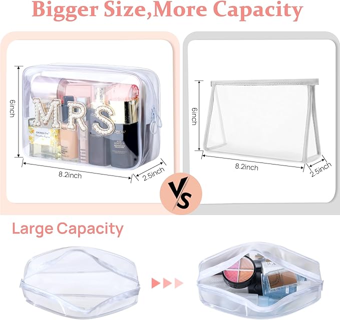 Etercycle MRS Clear Cosmetic Bag, Bachelorette Gifts for Bride Makeup Bag, Portable PVC Travel Toiletry Bag Bling Pearl Rhinestone Patch Letter Bags for Engagement Party Women Wedding Bridal (Gold)