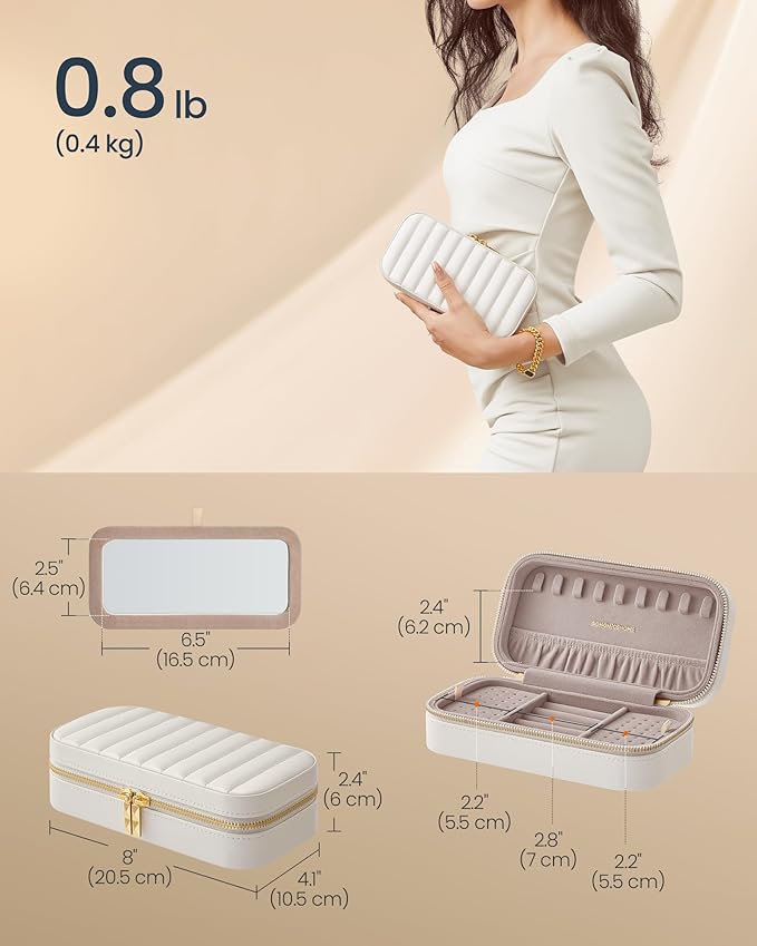 SONGMICS HOME Travel Jewelry Case, Travel Jewelry Box Organizer with Mirror, 4.1 x 8 x 2.4 Inches, Stitching, Portable, Gift Idea, Cloud White UJBC180W01