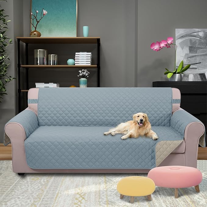 U-NICE HOME Reversible Sofa Cover Couch Cover for Dogs with Elastic Straps Water Resistant Furniture Protector for Pets Couch Cover for 3 Cushion Couch (Sofa, Light Blue/Beige)