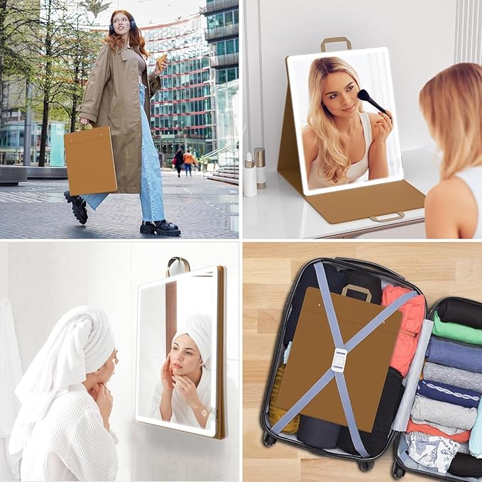 WEILY Large-Sized Makeup Mirror with 72 LED Lights, Touch Screen Three Colors Dimmable Lighted Makeup Mirror, 2000 mAh USB Rechargeable Lighted Vanity Mirror,Compact Travel Mirror (Khaki)