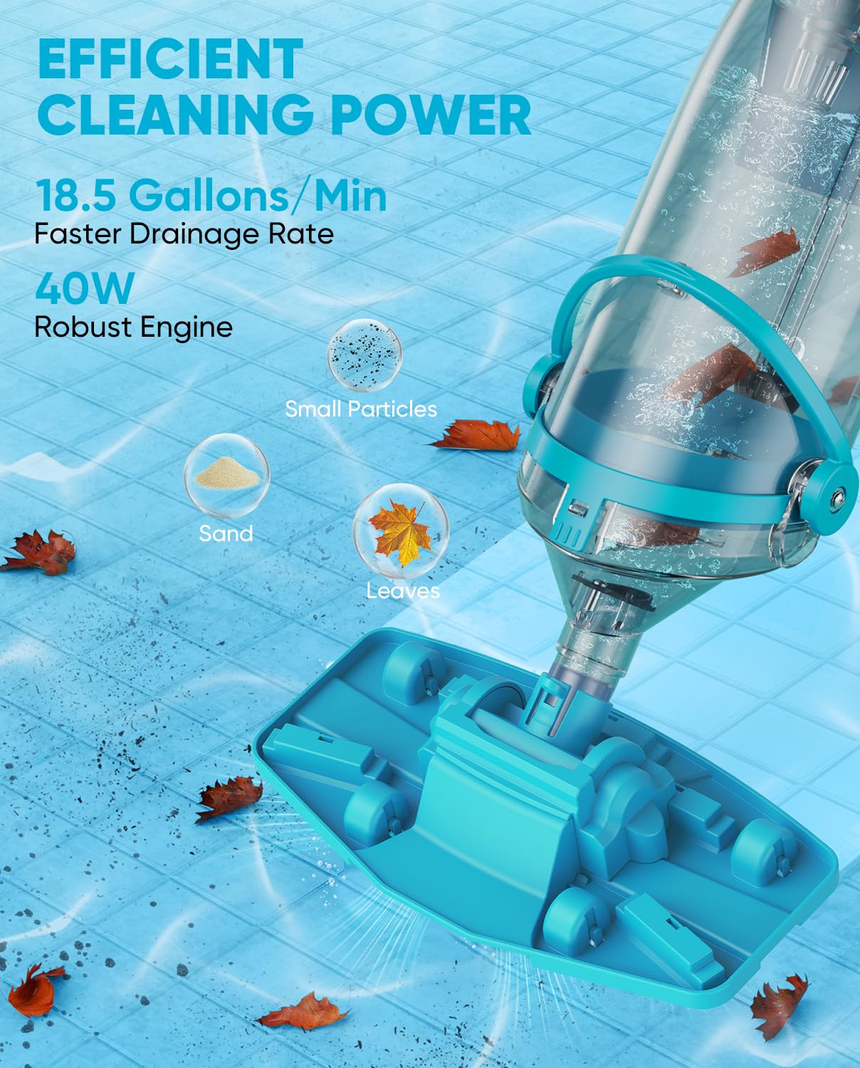 Cordless Pool Vacuum with Telescopic Pole, 18.5 GPM Powerful Suction, 1.5H Supercharge Technology, Handheld Pool Vacuum Cleaner for Above Ground/Inground Pools, Hot Tubs, Sky Blue