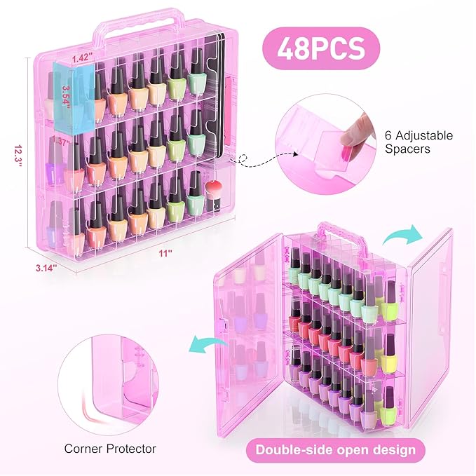Beloving Nail Polish Organizer Case for 48 Bottles with Adjustable Divider, Double Side Nail Polish Holder for Storage Display, Pink