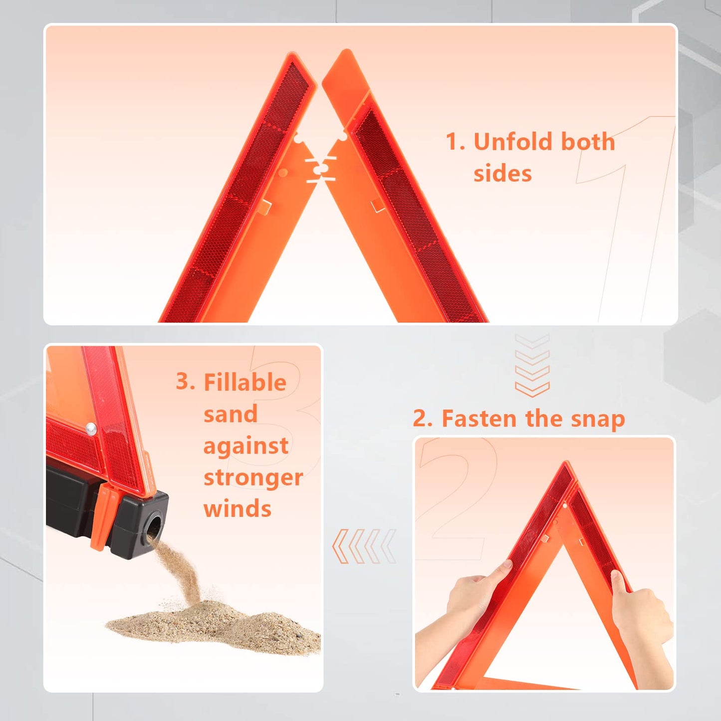 WORKKOOL 3 Pack Foldable Warning Reflective Triangles with Carrying Case, Heavy Base Roadside Triangles for Vehicles Breakdown, Safty Reflector DOT Approved(Sand Filled)…