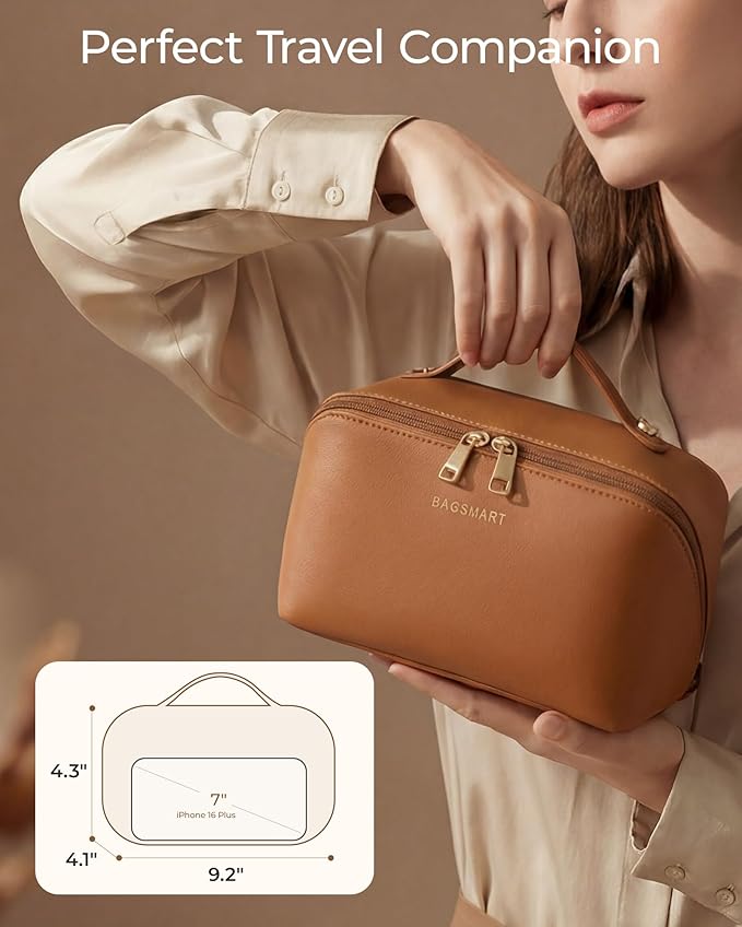 BAGSMART Makeup Bag Travel Cosmetic Bag, Large Make Up Bag Flat Open Toiletry Bag for Women, Waterproof PU Leather Travel Essentials Organizer Case, Wide-open Pouch Purse for Skincare, Brushes, Camel