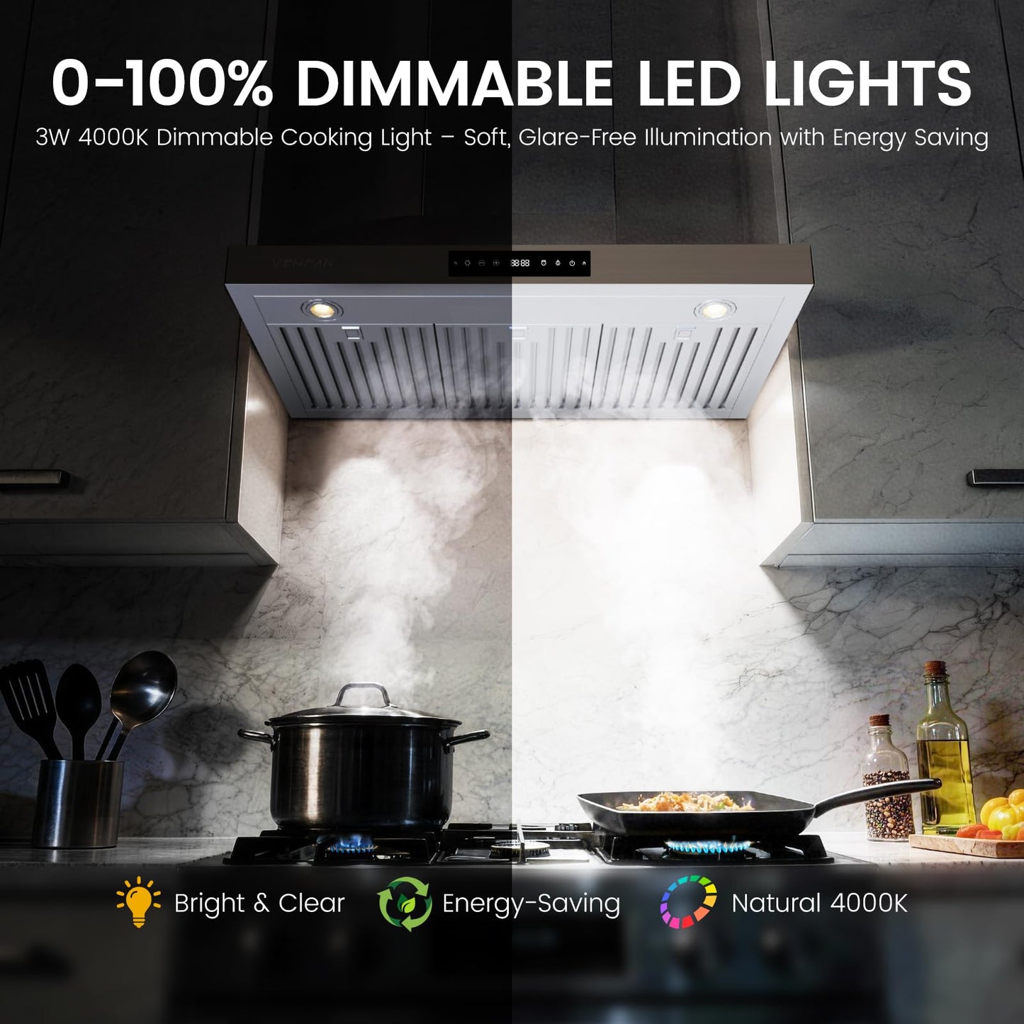 VENFAN 36 Inch Wall Mount Range Hood, 1200 CFM Stainless Steel Kitchen Vent Hood with Gesture Control, 8-Speed Fan, Delay Shut-Off Timer, Ducted/Ductless Convertible, Charcoal Filter Included