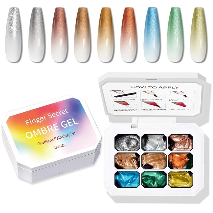 Chrome Metallic Gel Polish, Ombre Nails Colors Palette, Gold Silver Effect 3D Metal Painting Gel Nail Art Reflective Glitter Holographic Liner Sparkling No Wipe UV LED Cured (9 Colors M)
