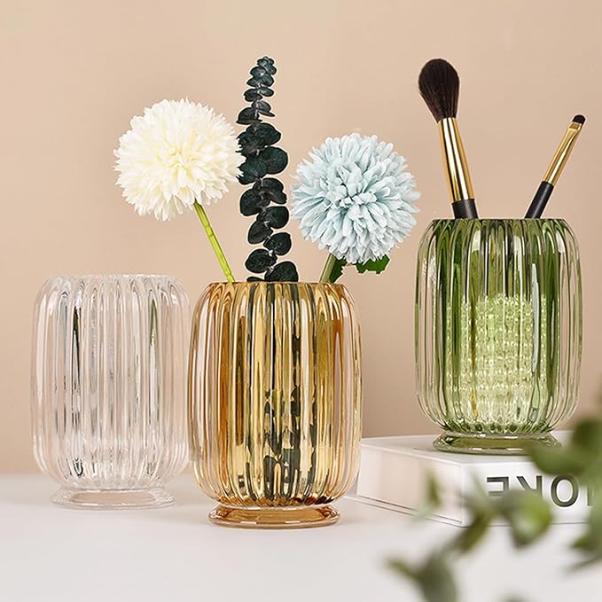 Crystal Makeup Brush holder Organizer, Vintage Make Up Brush Cup Pen Pencil Holder striped vase, Comb Brushes Pen Pencil Storage Box Container (Clear)