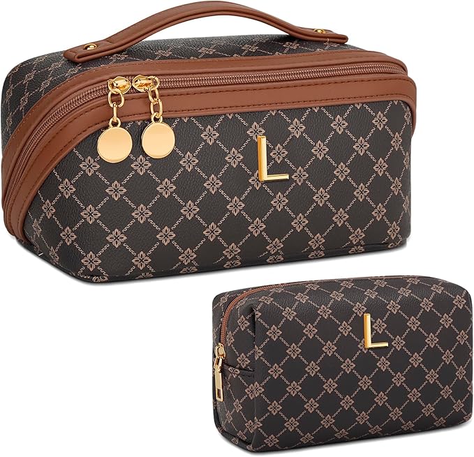 Birthday Gifts for Women Teen Girl, Personalized Initial Makeup Organizer Bag Set, Open Flat Travel Cosmetic Bag With Clear Divider and Handle(Coffee,L)