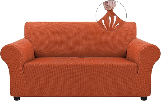 Asnomy Sofa Covers for 2 Cushion Couch Stretch loveseat Covers Slipcovers, Pet Protector Furniture Covers for Dogs Cats Spandex Jacquard Fabric Small Checks （Medium，Punpkin）