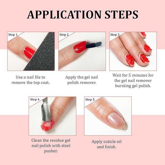 JODSONE Professional Gel Nail Polish Remover Kit:3Pcs Quick 15ML Gel Nail Polish Remover,2 Sanding Strips and Steel Pushers,Complete with Professional and Highly Efficient Tools,Safe Remove at Home