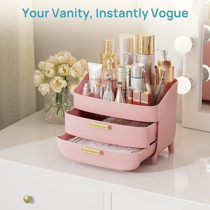 Vtopmart 3-Tier Skincare Makeup Organizer with Drawers for Vanity and Bathroom Countertop, Large Cosmetic Storage Box Case for Dresser, with Non-Slip Base, Pink