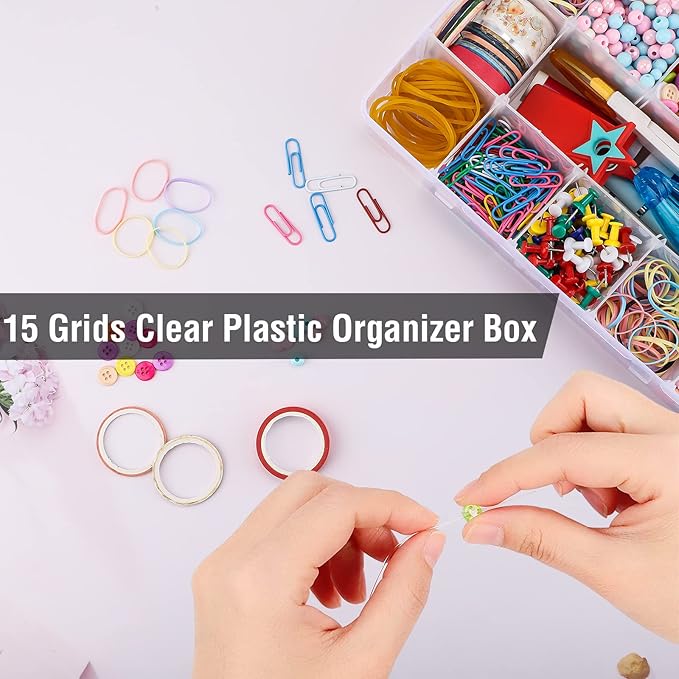 15 Large Grids Plastic Organizer Box with Dividers, 2 Pack Clear Compartment Container Storage for Washi Tapes Beads Crafts Jewelry Fishing Tackles, Size 11 x 6.3 x 2.2 in