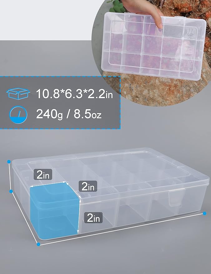 Hlotmeky Plastic Organizer Box with Dividers - Bead Organizer, 15 Large Grids, Clear Snack Box Container