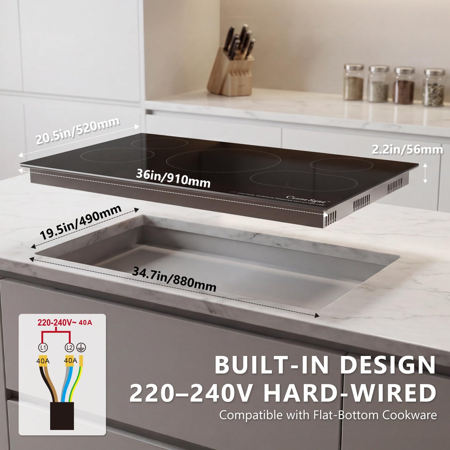 36 Inch Electric Cooktop 5 Burner, Built-In Ceramic Glass Cooktop 220-240V Hardwired, 9200W Radiant Electric Stove Top with Touch Control, 9 Heat Levels, Timer, Safety Lock, Works with All Cookware