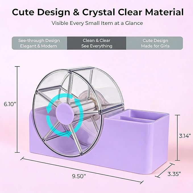 Hair Accessories Organizer for Girls, 2-Slot Hair Brush Holder & 5-Section Rotating Wheel, Cute Makeup Brush Holder for Hair Tile, Clip, Makeup Brush, Earring, Ring, Kids Vanity Accessories (Lavender)