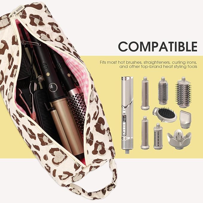 2PCS Portable Quilted Hair Tools Travel Bag for Curling Irons, Flat Irons, Hair Dryers & Styling Tools, Cosmetic Bag, Travel Case for Dyson, Shark Airwrap, Revlon, Pink Bow&Leopard